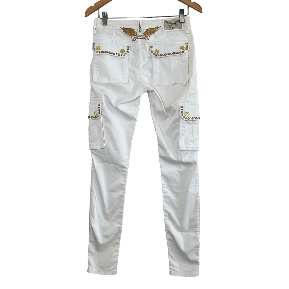Robins Jean White Gold Wing Embellished Cargo Pants Ankle Zip Slim SP80245